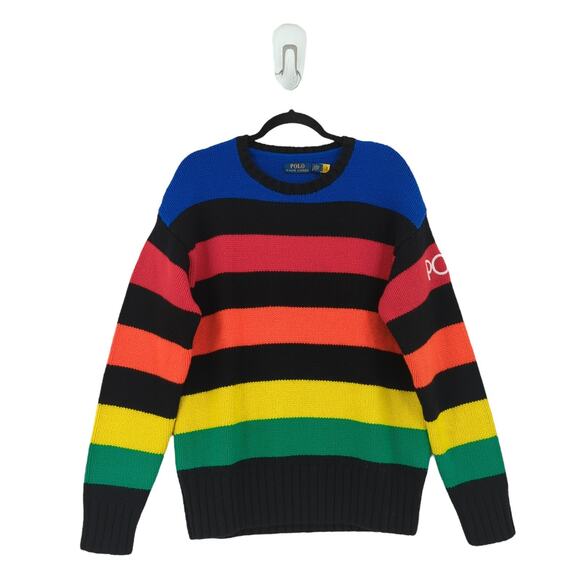 Polo Ralph Lauren Men S Logo Striped Wool Sweater Black Heavyweight Knit NEW - Picture 1 of 7